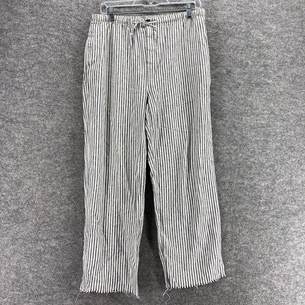 Basic Editions Pants Women M Medium Gray Striped High Rise Flat Front Linen